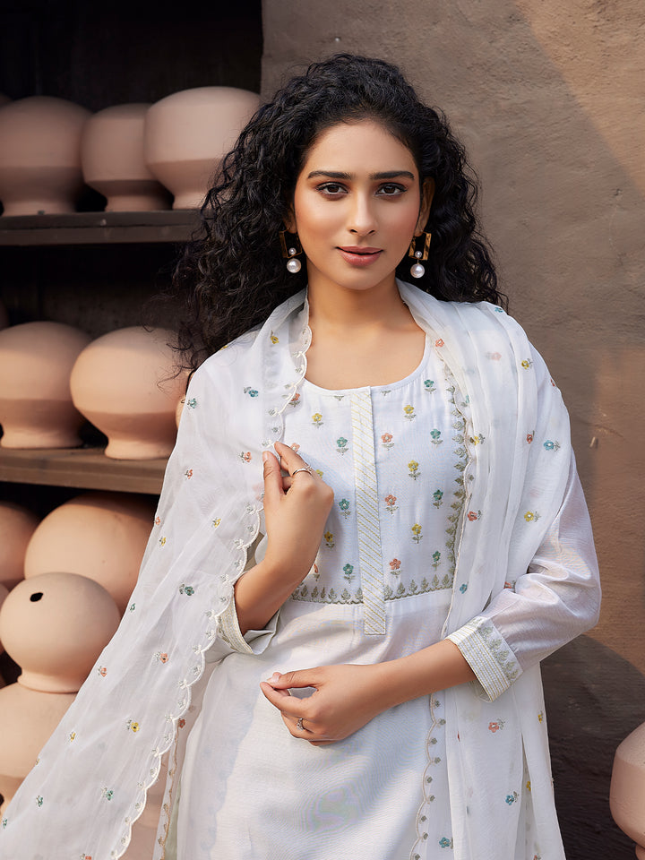 White Silk Blend Suit Set with Dupatta