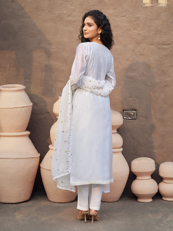 White Silk Blend Suit Set with Dupatta