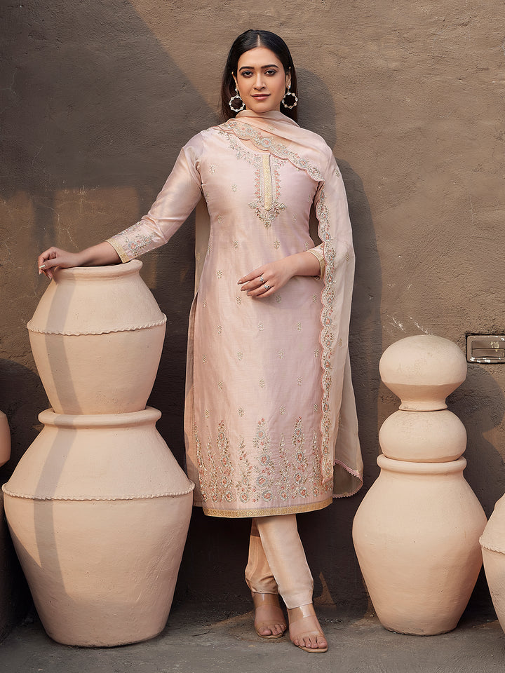 Peach Silk Blend Suit Set with Dupatta
