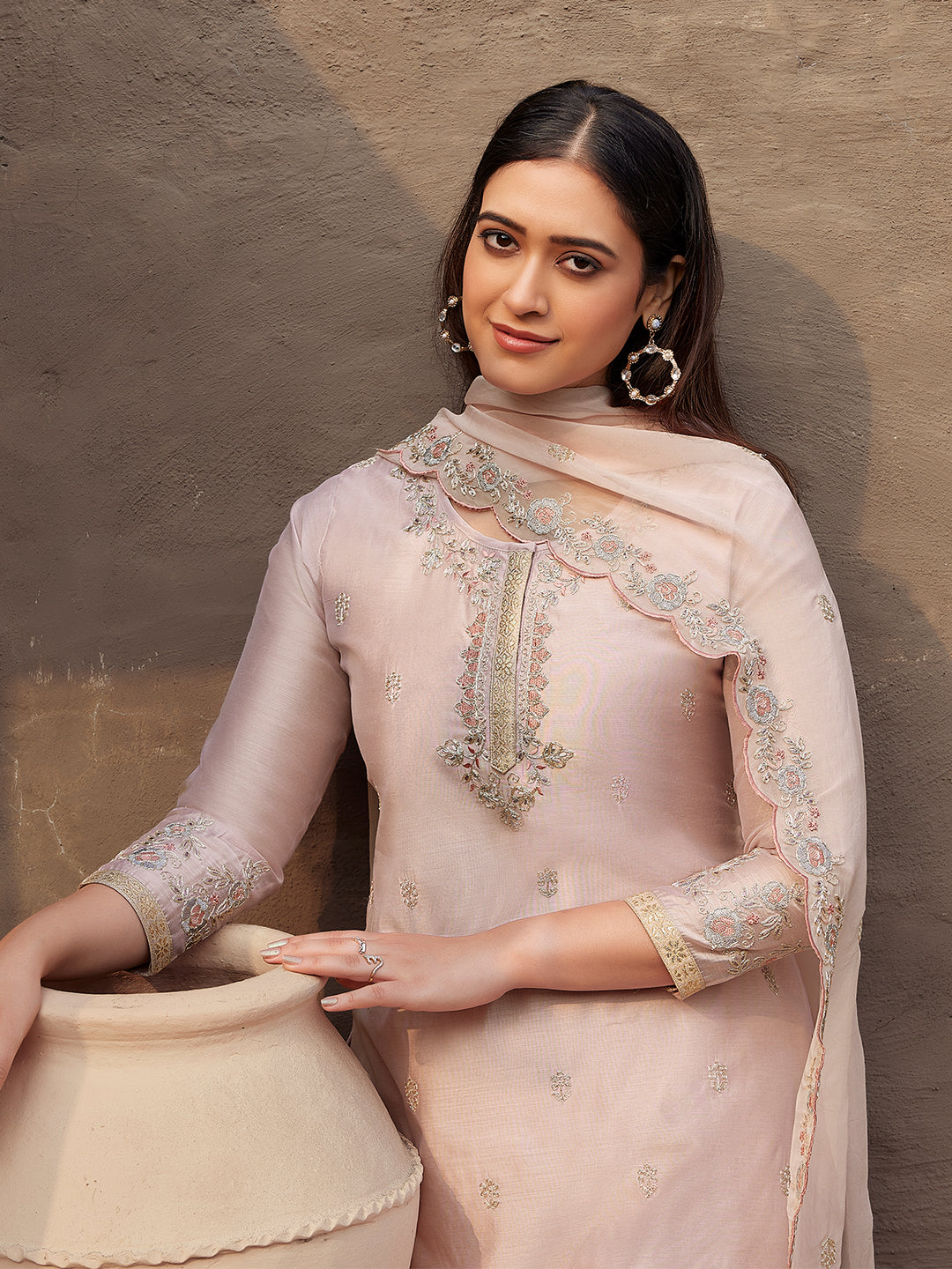Peach Silk Blend Suit Set with Dupatta