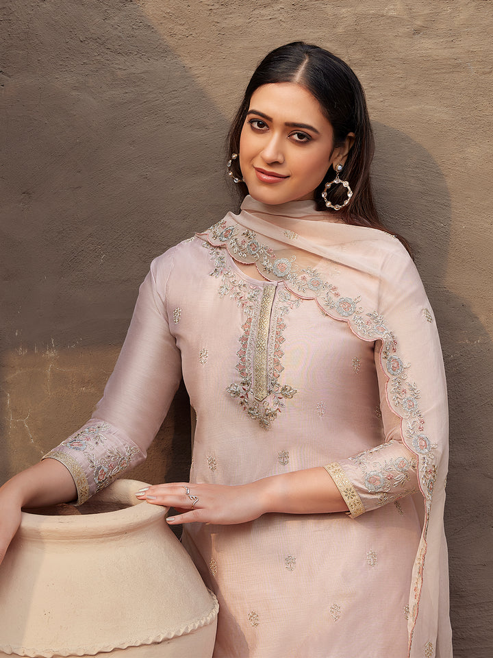 Peach Silk Blend Suit Set with Dupatta
