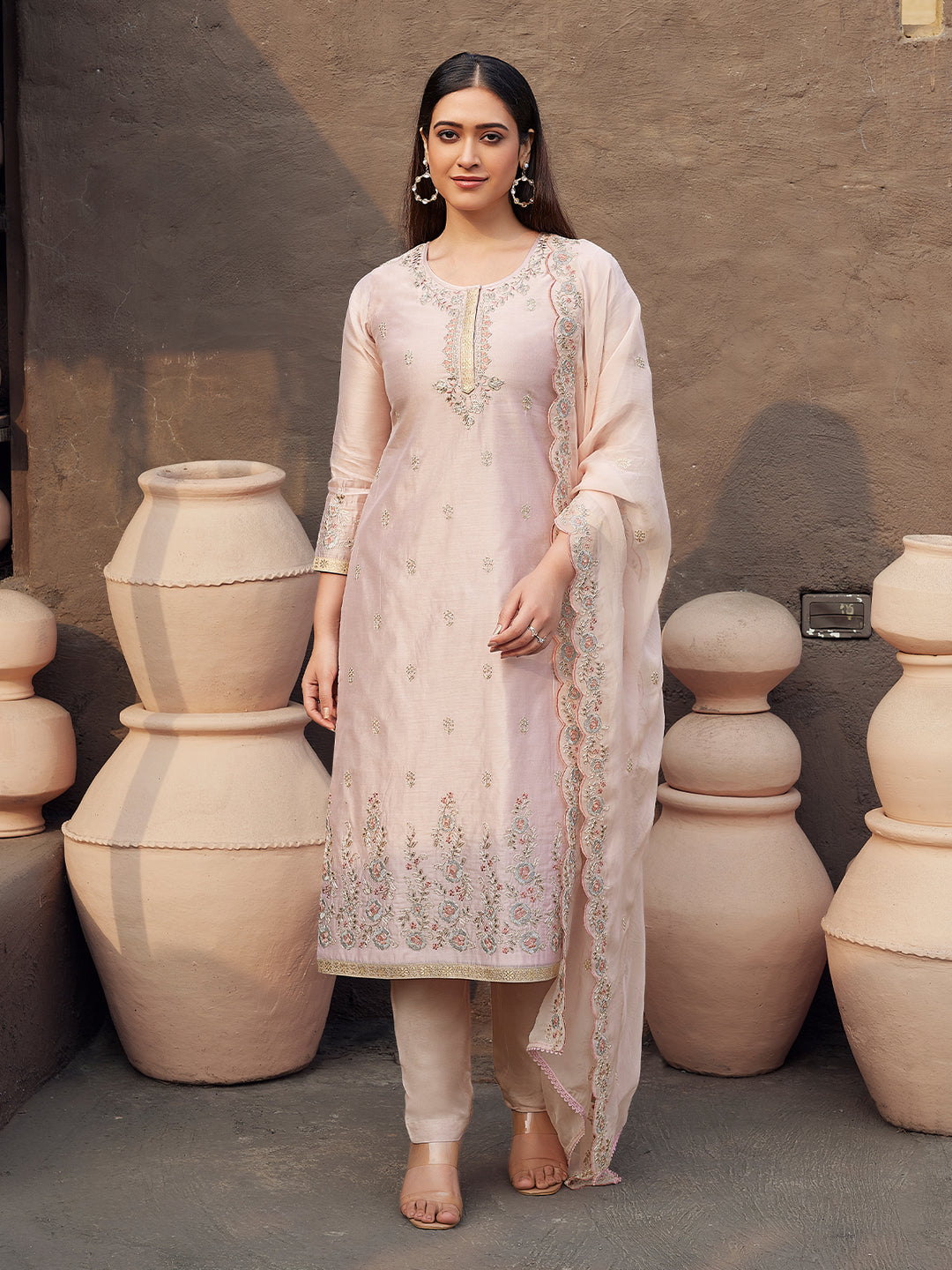 Peach Silk Blend Suit Set with Dupatta