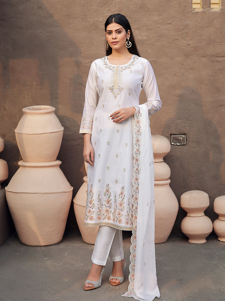White Silk Blend Suit Set with Dupatta