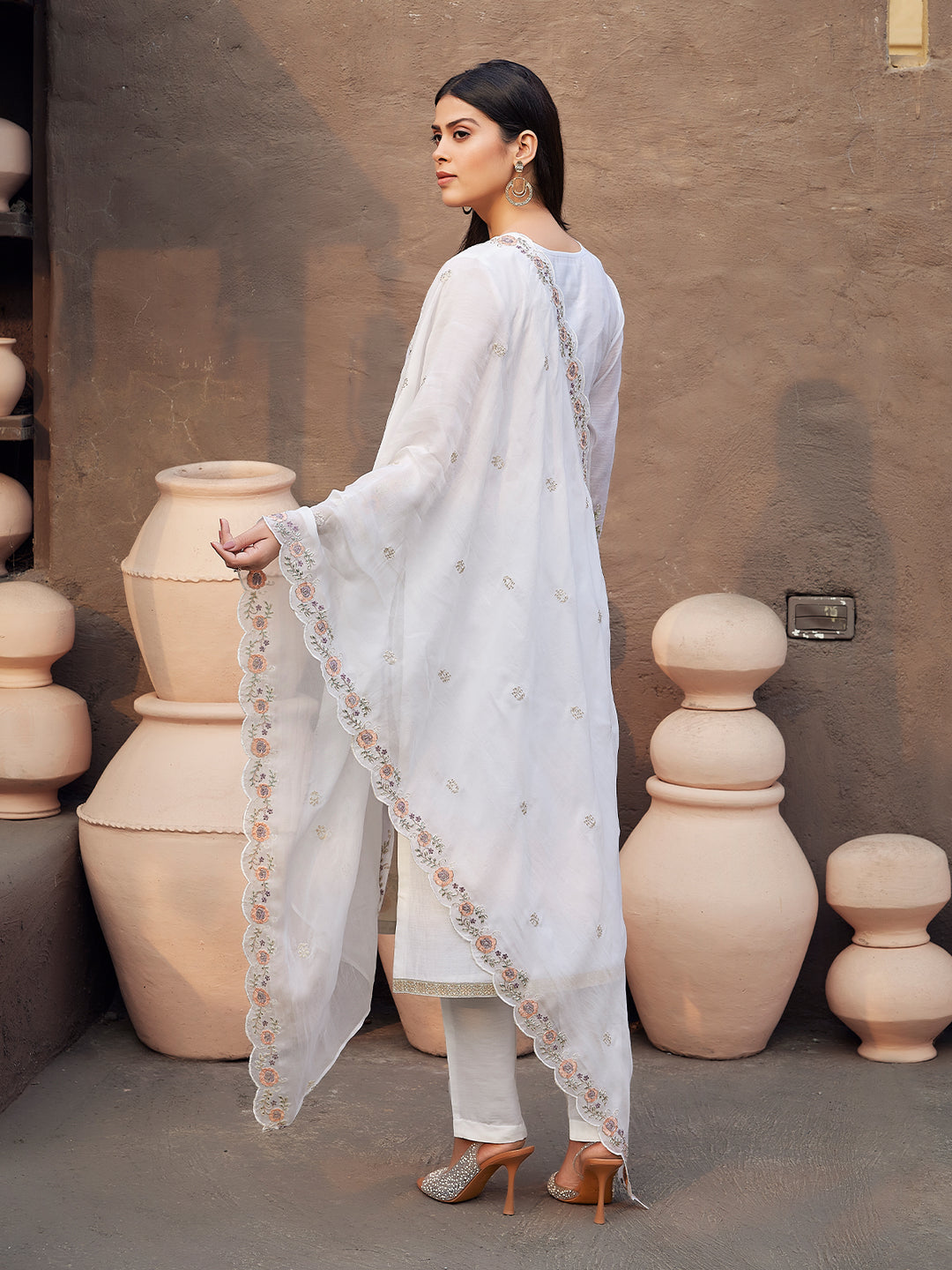 White Silk Blend Suit Set with Dupatta