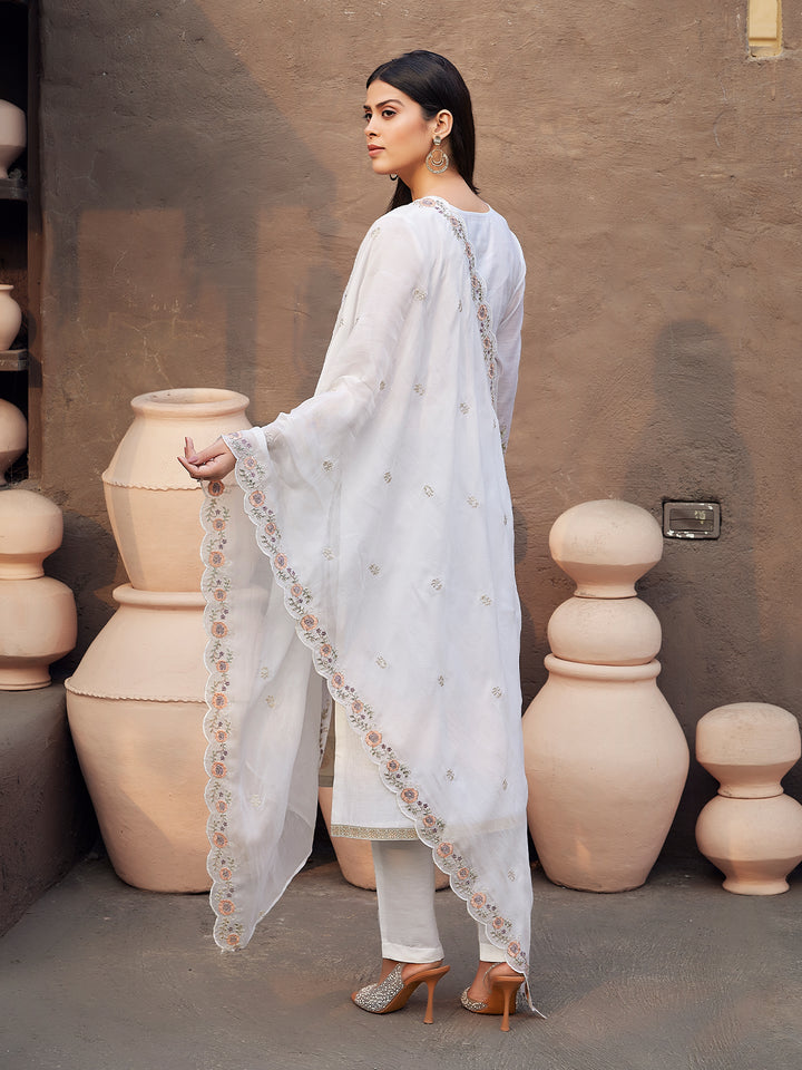 White Silk Blend Suit Set with Dupatta