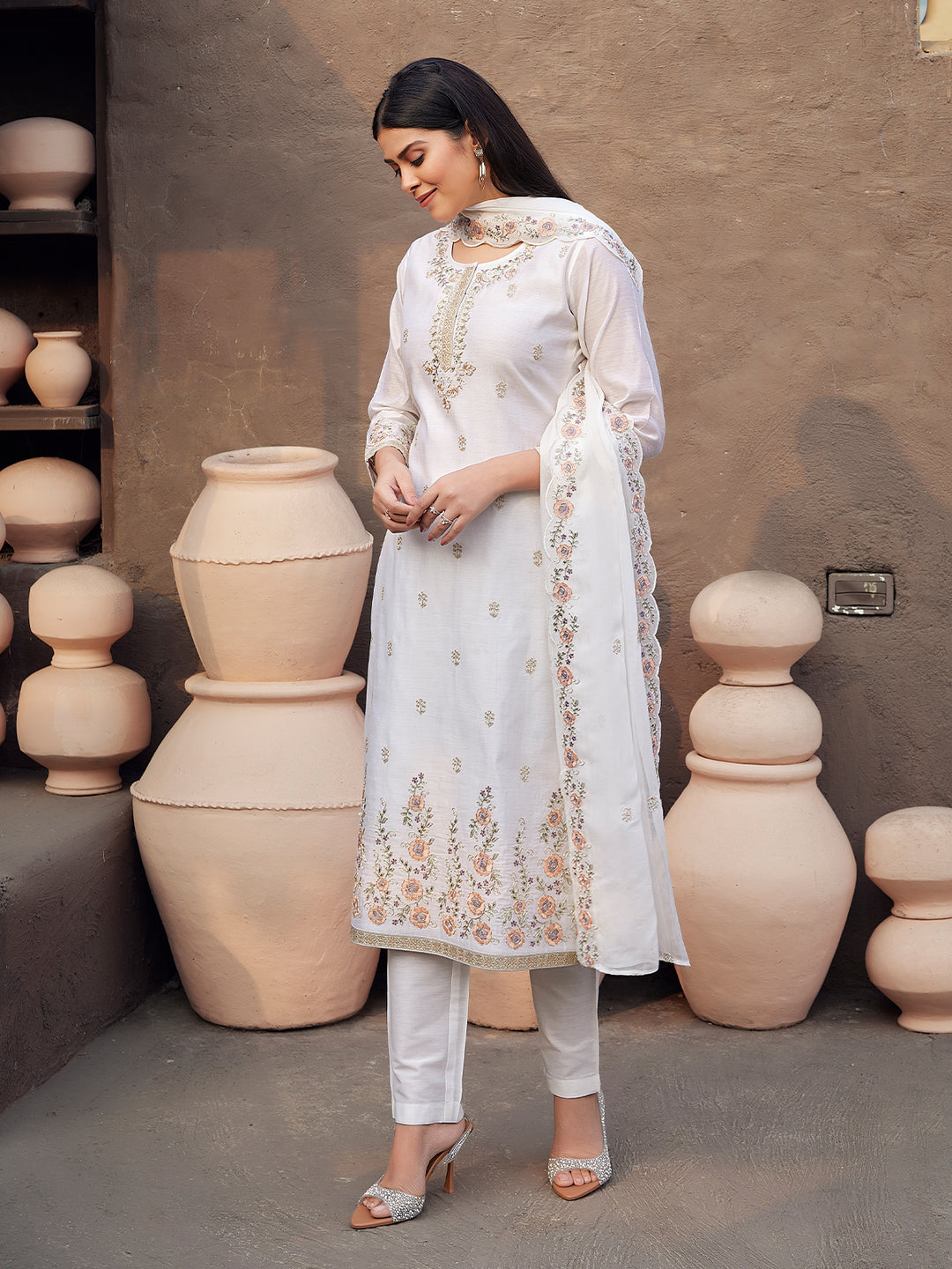 White Silk Blend Suit Set with Dupatta
