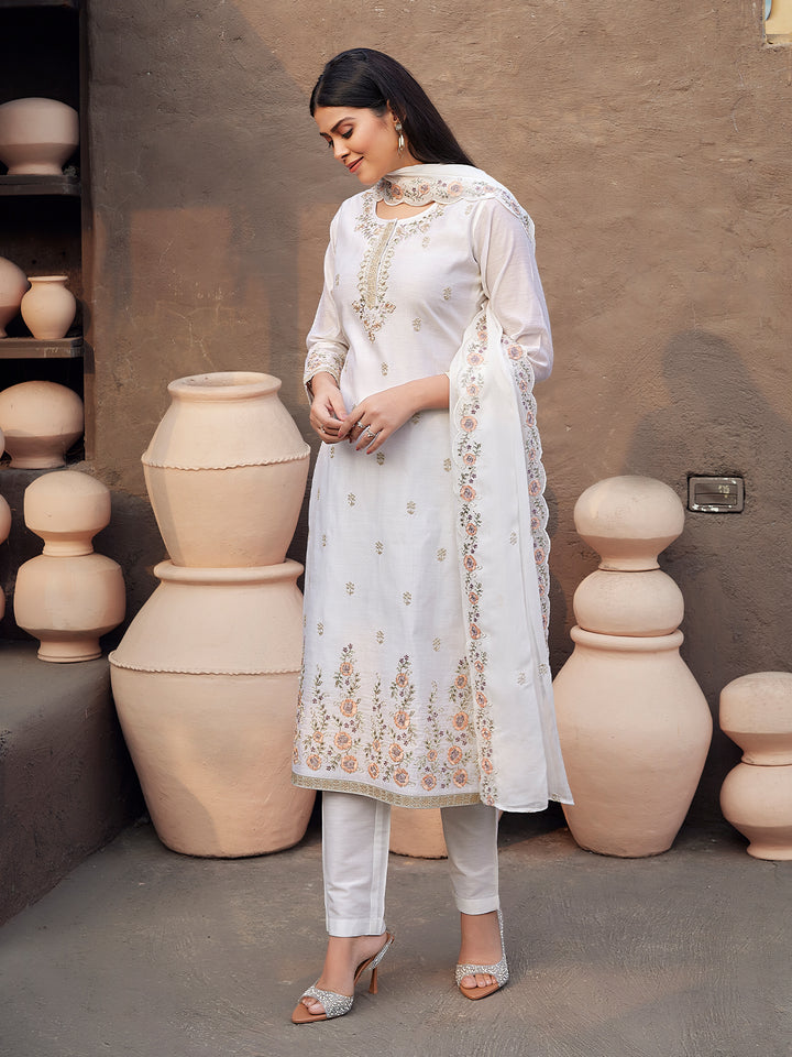 White Silk Blend Suit Set with Dupatta
