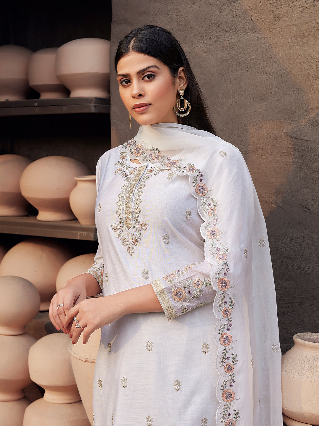 White Silk Blend Suit Set with Dupatta