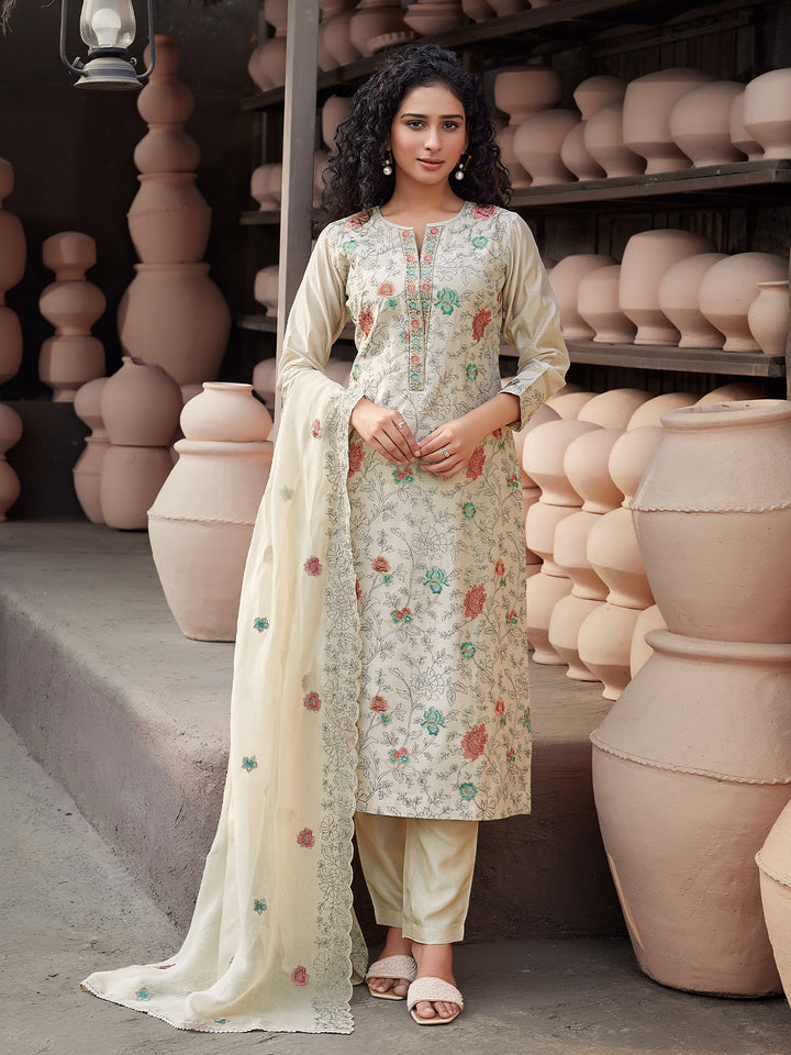 Beige Silk Blend Suit Set with Dupatta