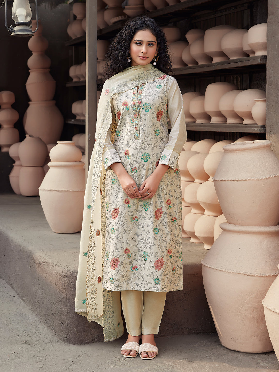Beige Silk Blend Suit Set with Dupatta