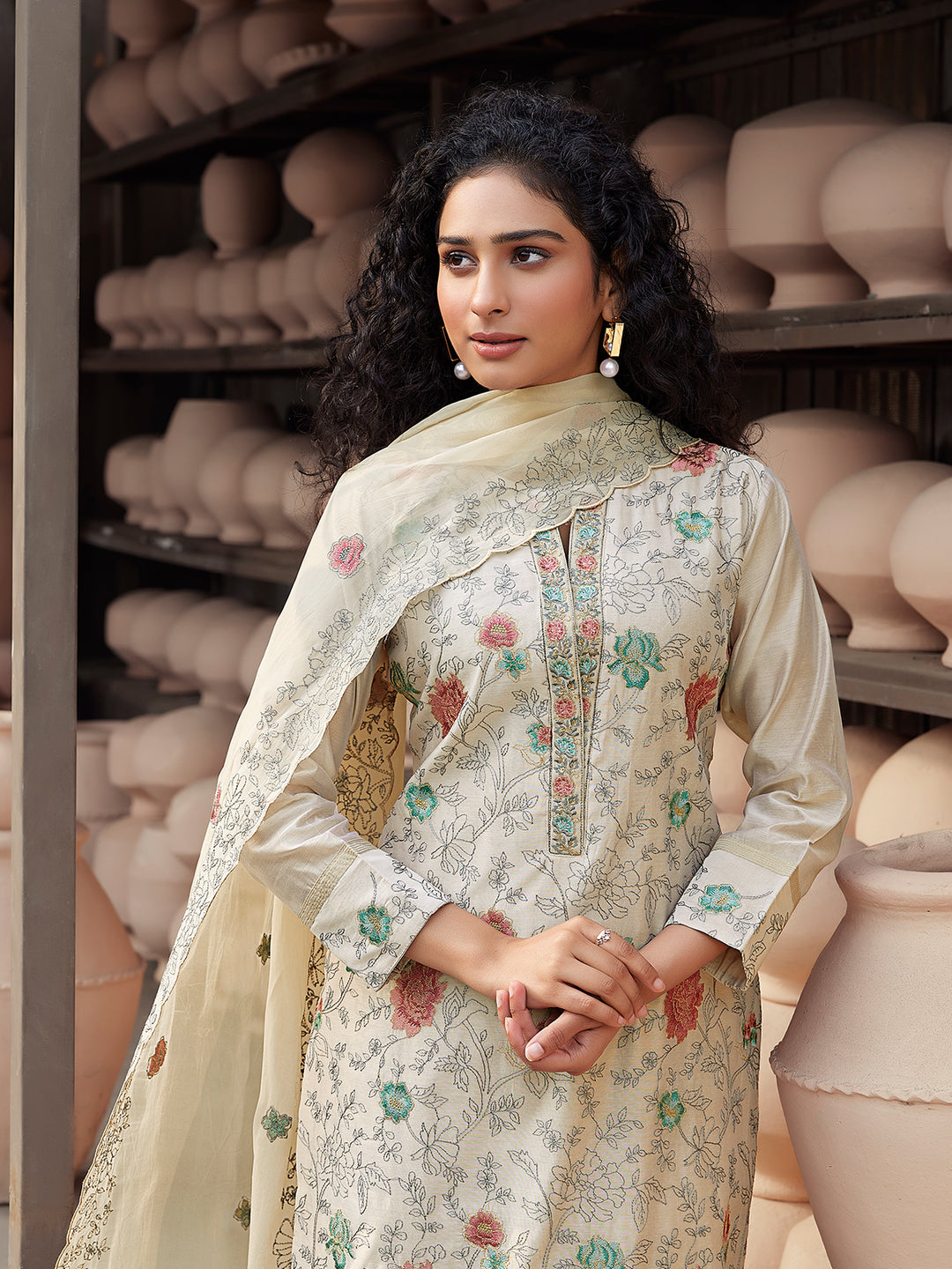 Beige Silk Blend Suit Set with Dupatta