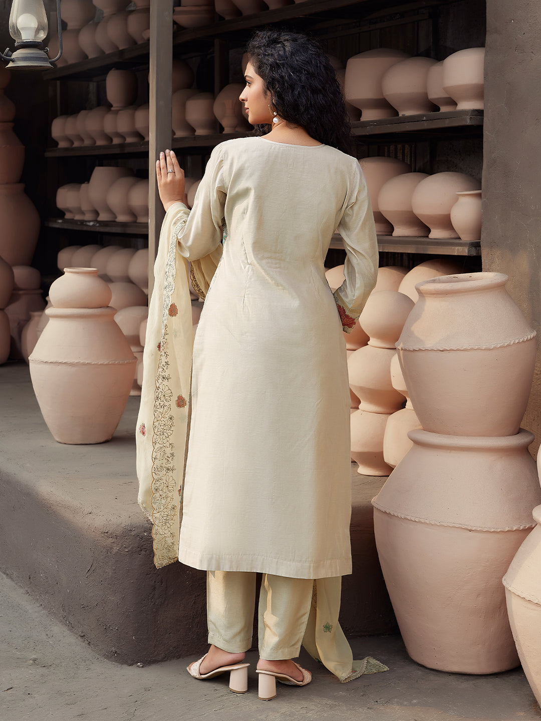 Beige Silk Blend Suit Set with Dupatta