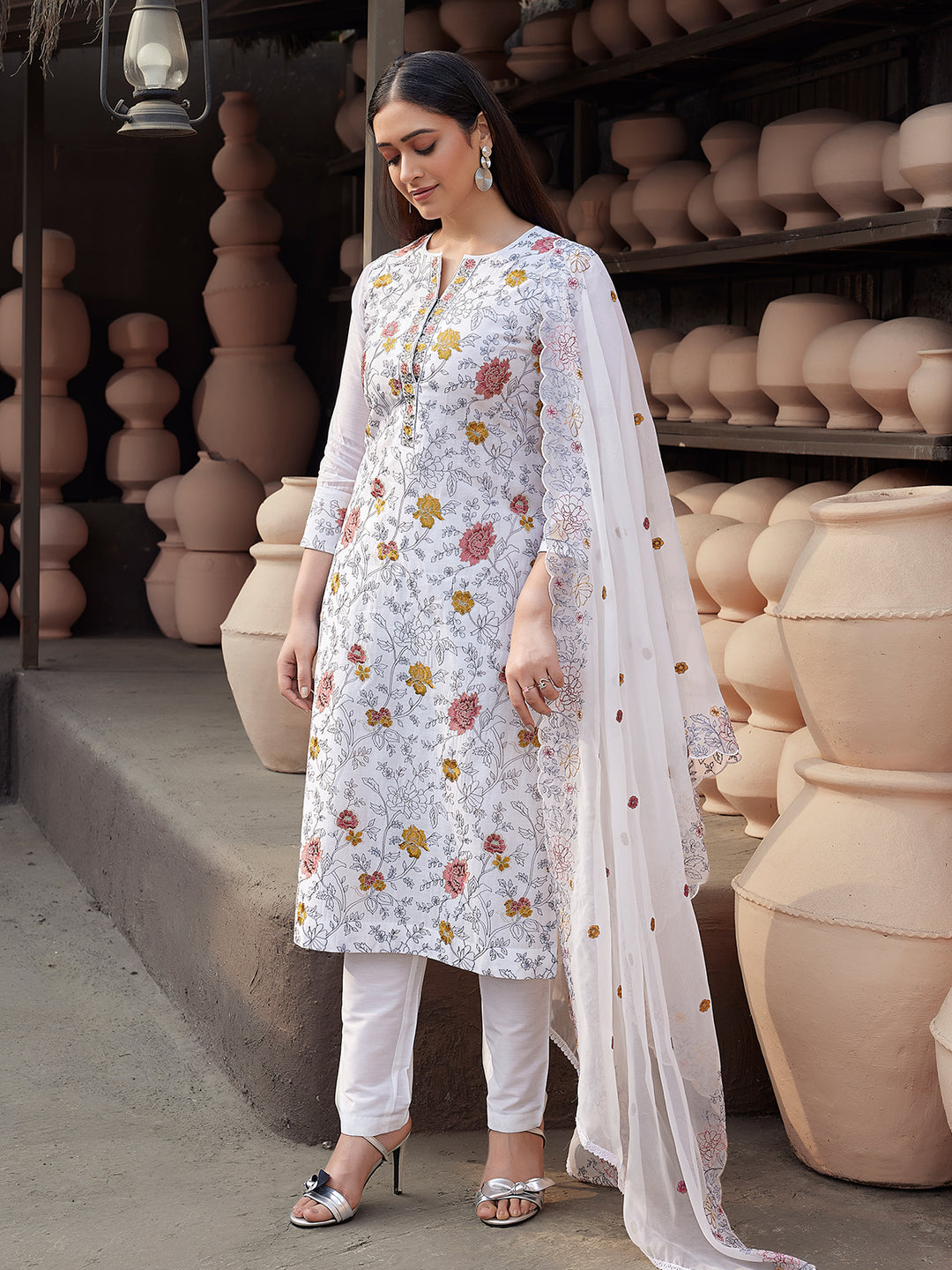 White Silk Blend Suit Set with Dupatta