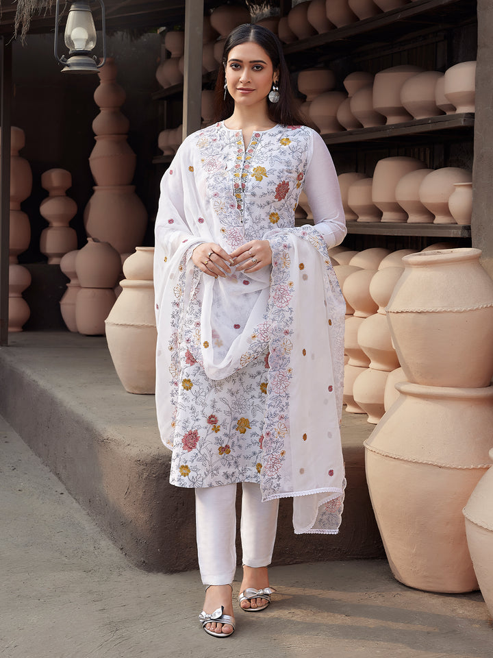 White Silk Blend Suit Set with Dupatta