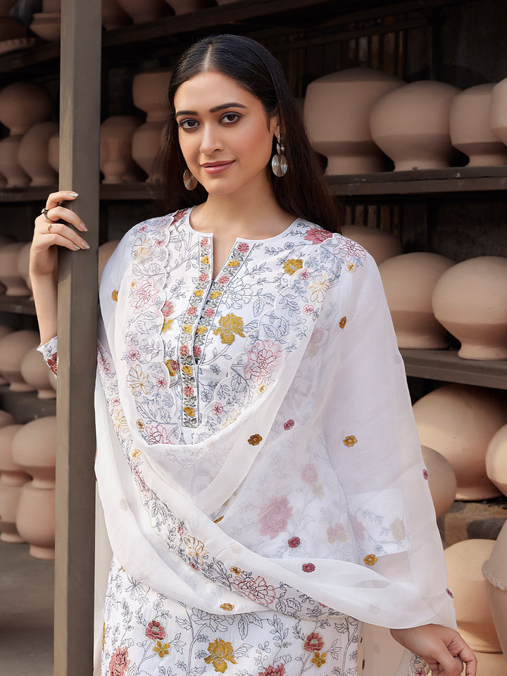 White Silk Blend Suit Set with Dupatta