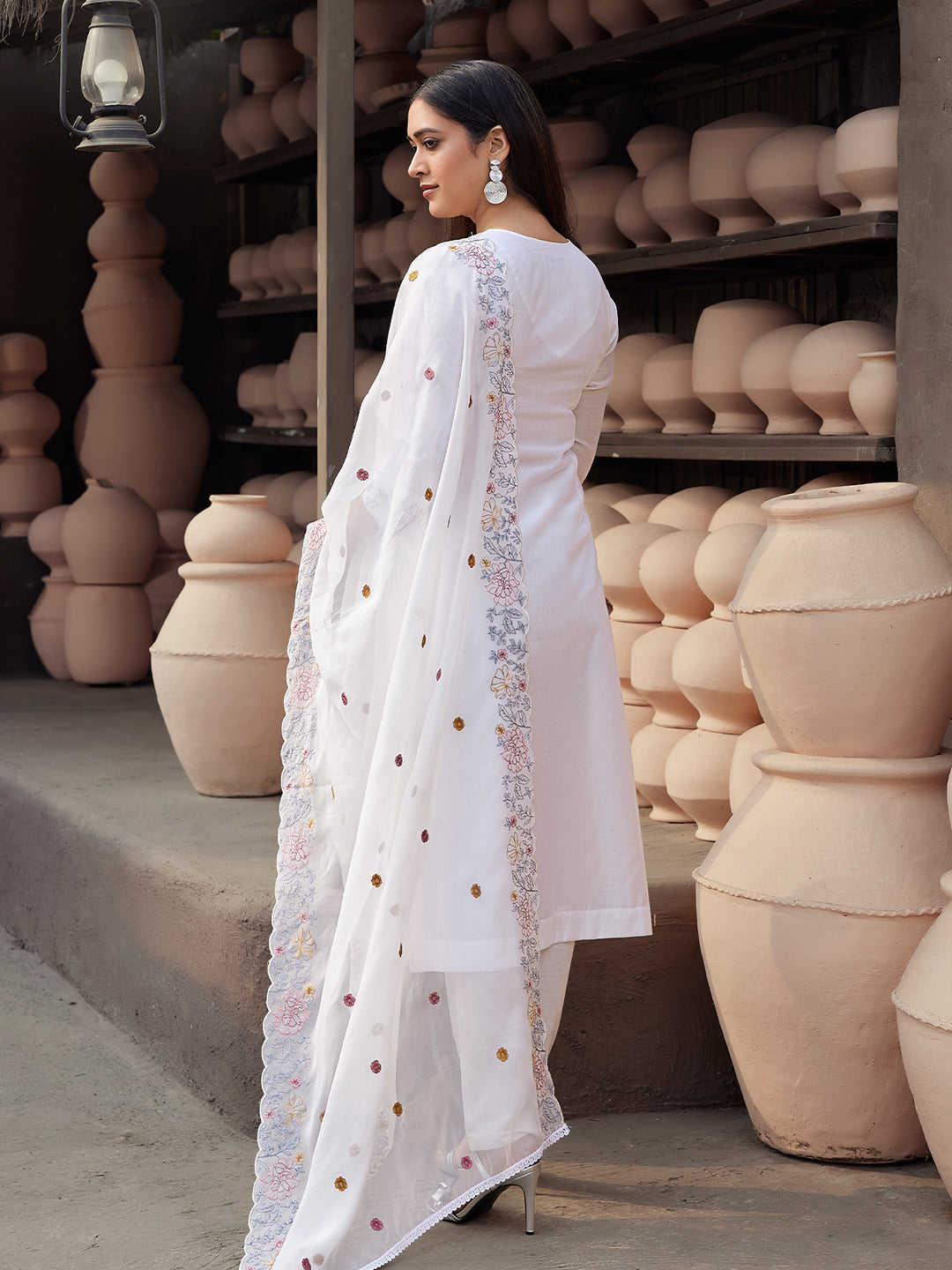 White Silk Blend Suit Set with Dupatta