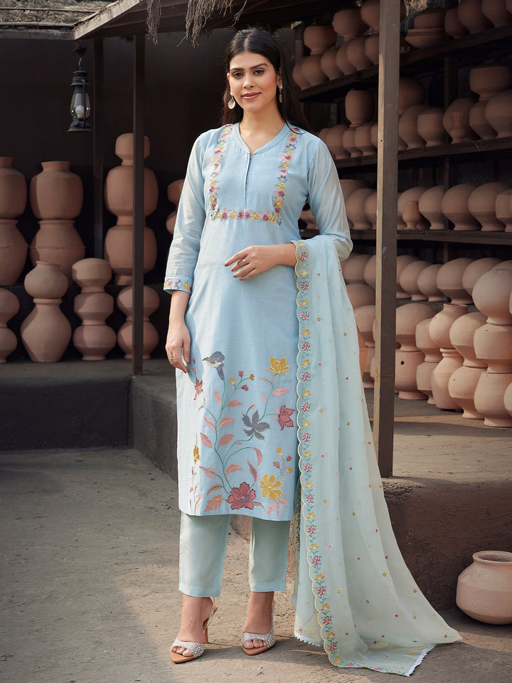 Powder Blue Silk Blend Suit Set with Dupatta