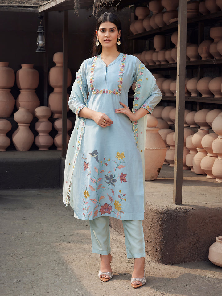 Powder Blue Silk Blend Suit Set with Dupatta