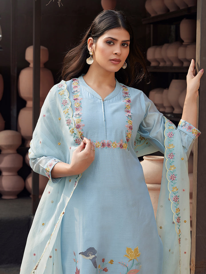 Powder Blue Silk Blend Suit Set with Dupatta