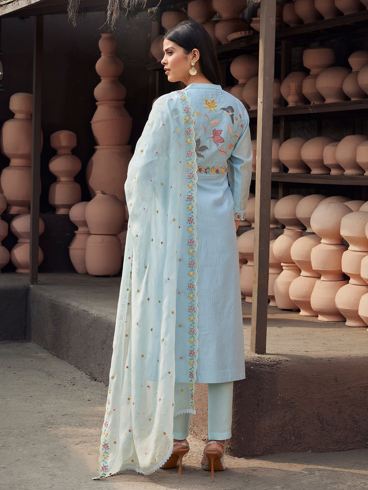 Powder Blue Silk Blend Suit Set with Dupatta