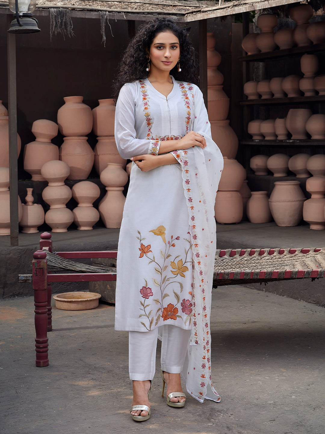 White Silk Blend Suit Set with Dupatta