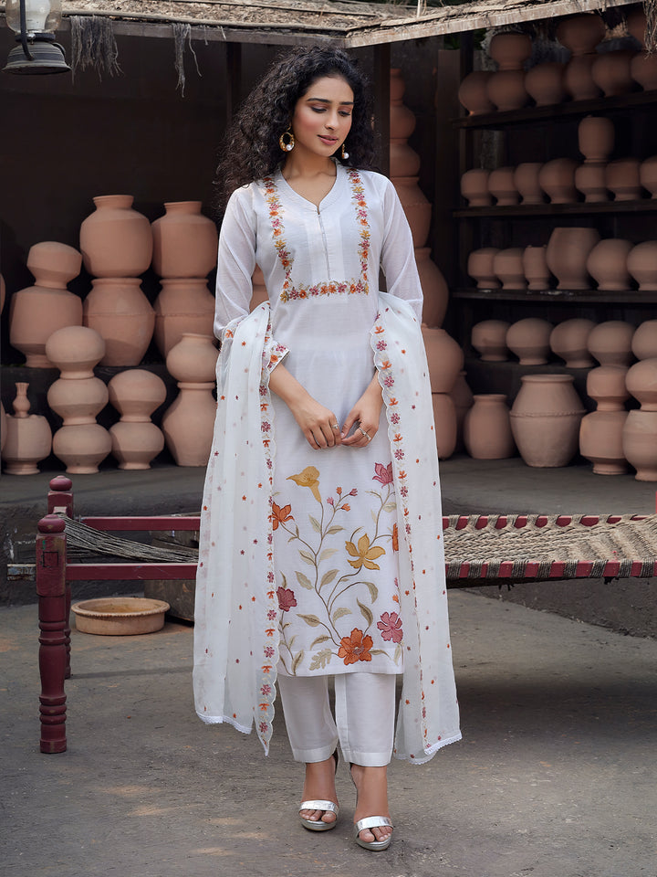 White Silk Blend Suit Set with Dupatta