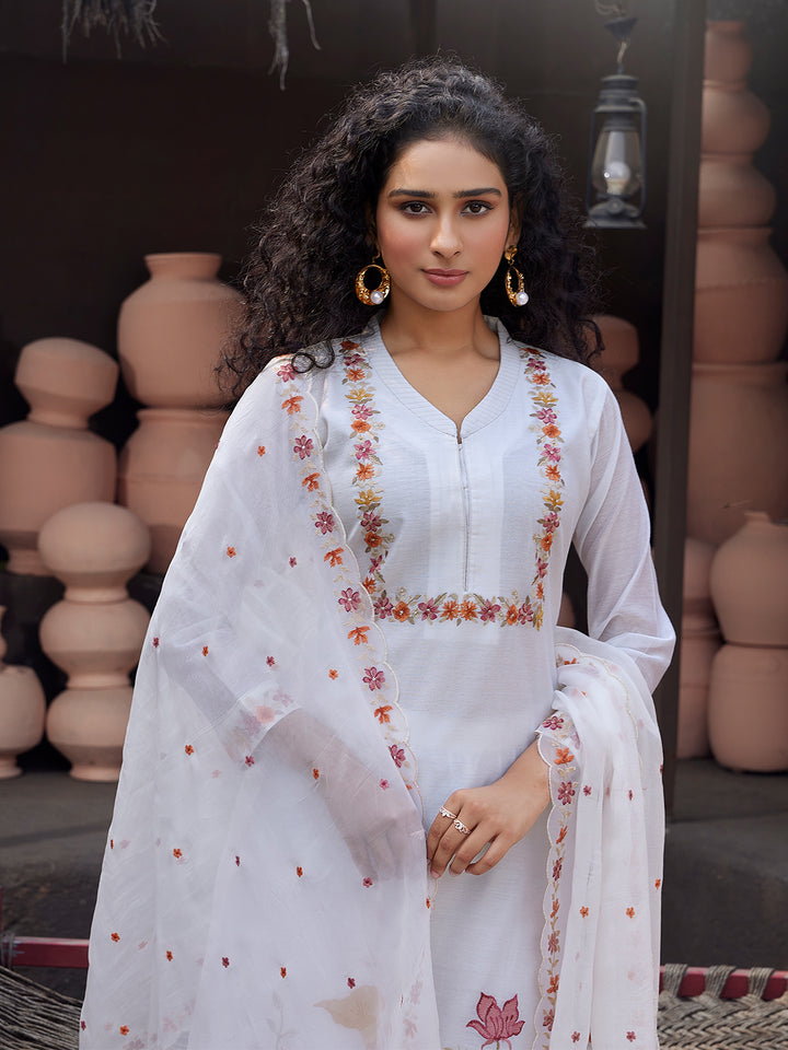 White Silk Blend Suit Set with Dupatta