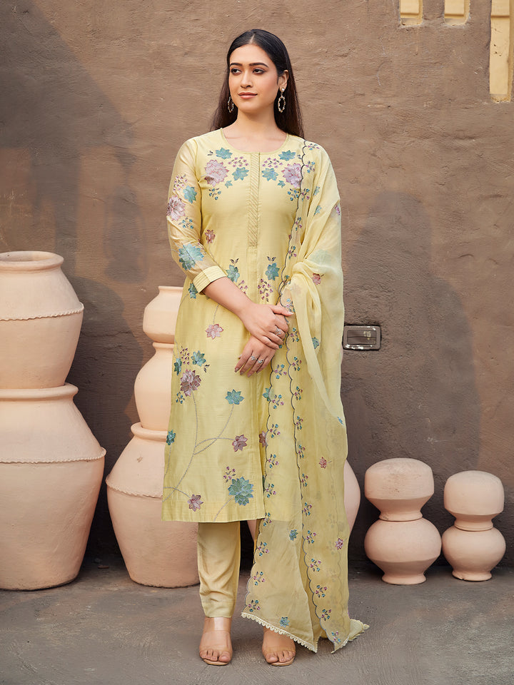 Lemon Yellow Silk Blend Suit Set with Dupatta