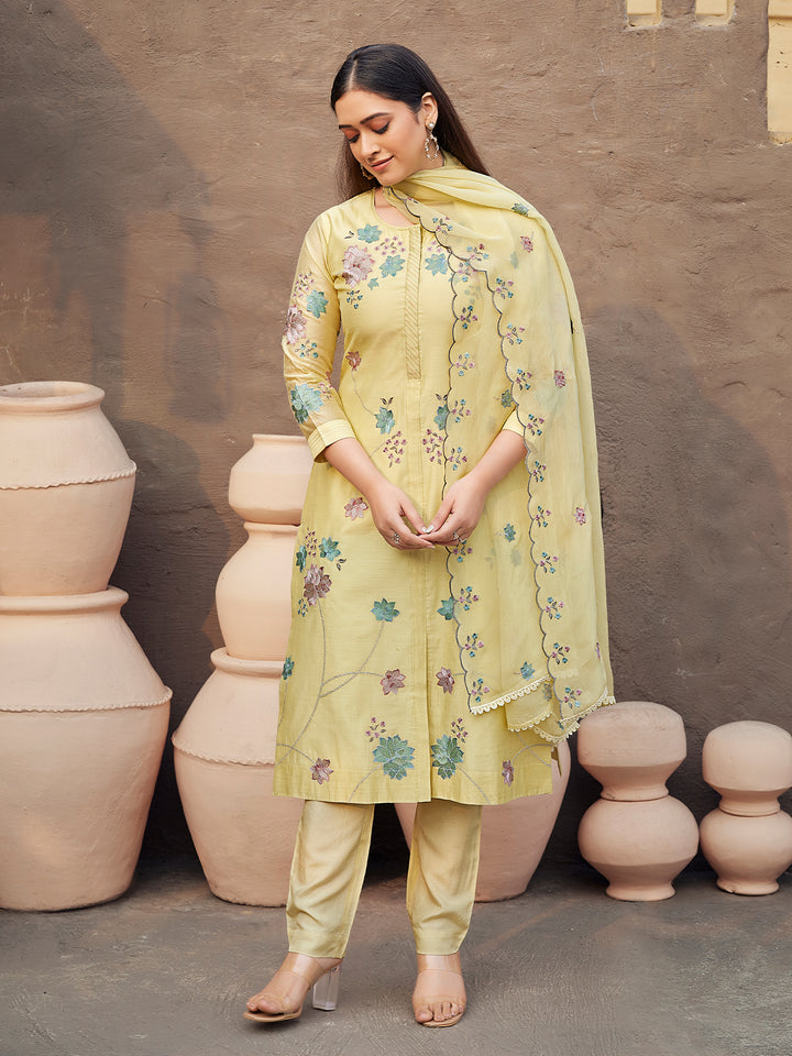 Lemon Yellow Silk Blend Suit Set with Dupatta