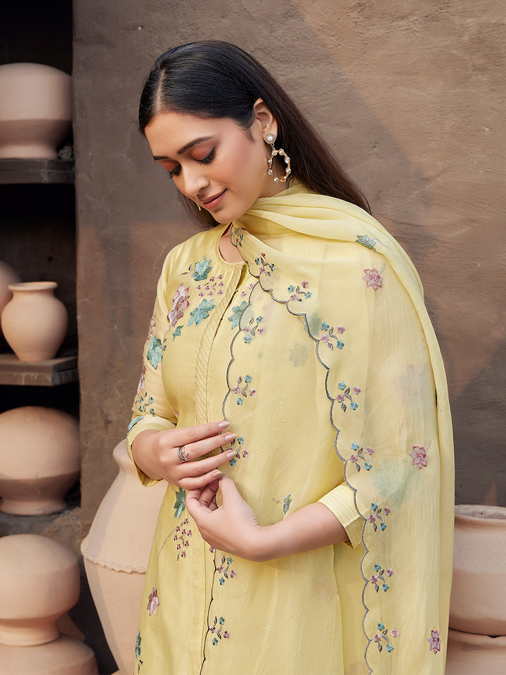 Lemon Yellow Silk Blend Suit Set with Dupatta