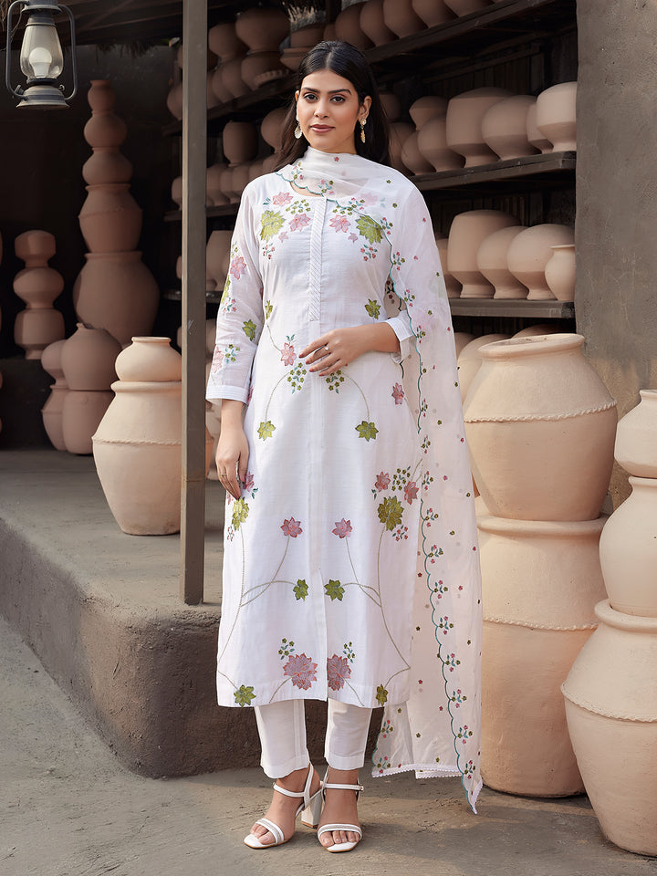 White Silk Blend Suit Set with Dupatta