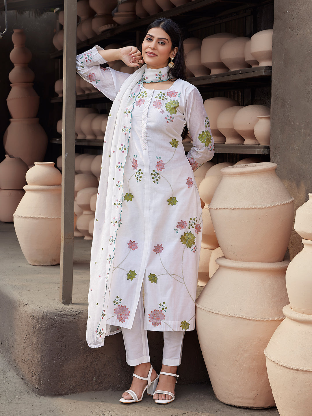 White Silk Blend Suit Set with Dupatta