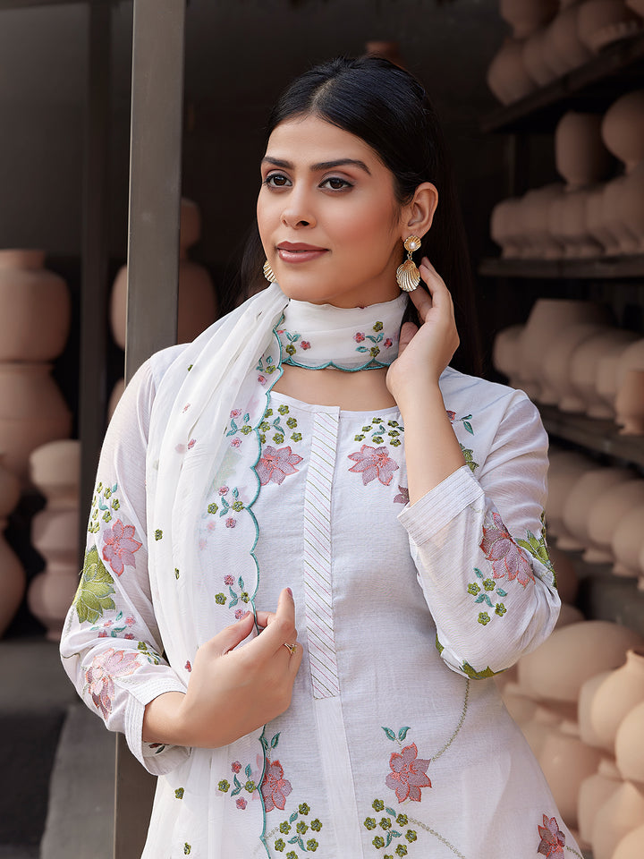White Silk Blend Suit Set with Dupatta