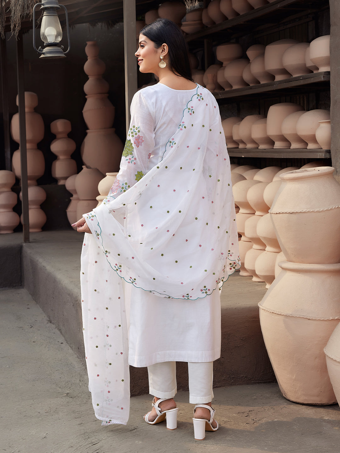 White Silk Blend Suit Set with Dupatta