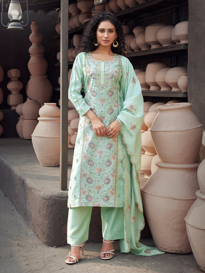 Mint Green Silk Blend Suit Set with Dupatta