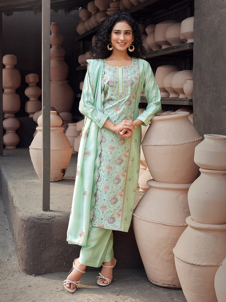 Mint Green Silk Blend Suit Set with Dupatta