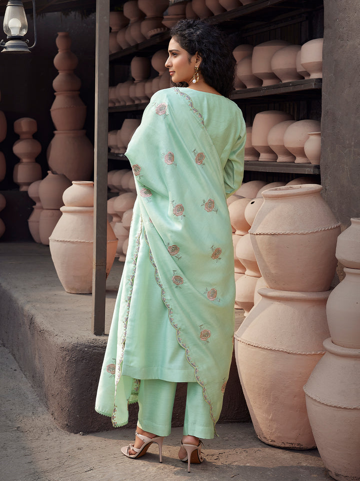 Mint Green Silk Blend Suit Set with Dupatta
