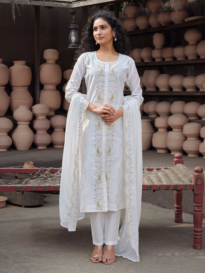 White Silk Blend Suit Set with Dupatta