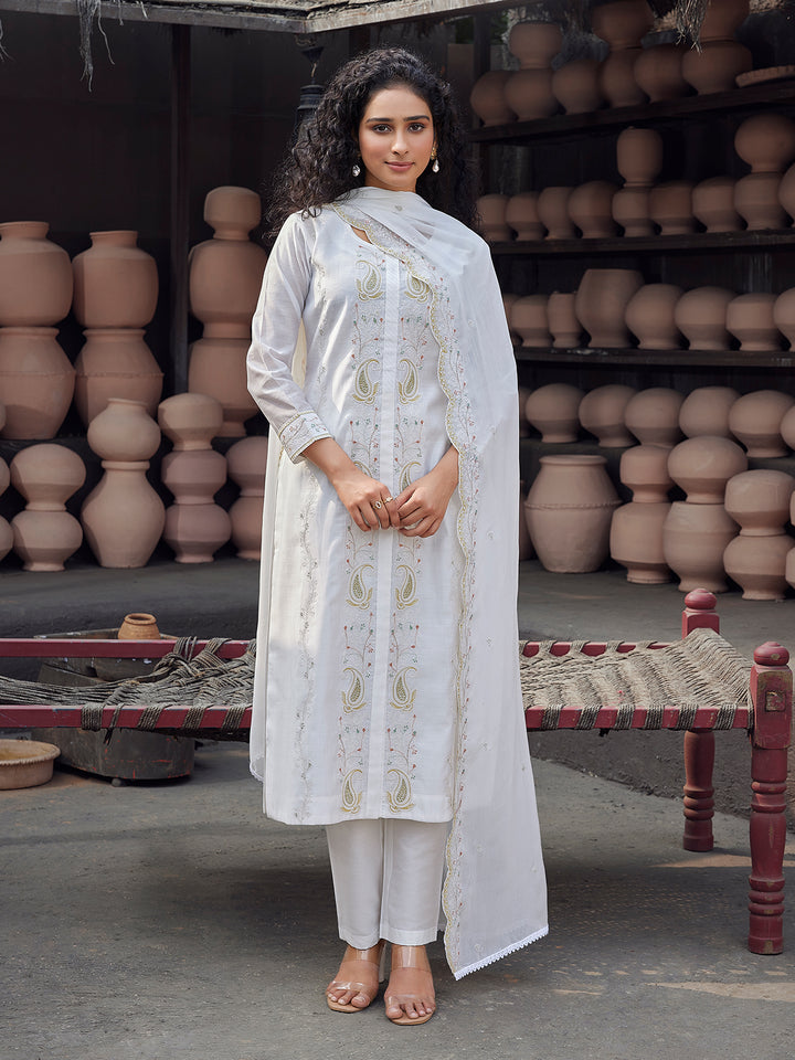 White Silk Blend Suit Set with Dupatta