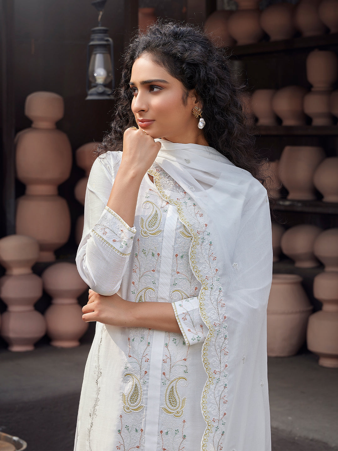 White Silk Blend Suit Set with Dupatta