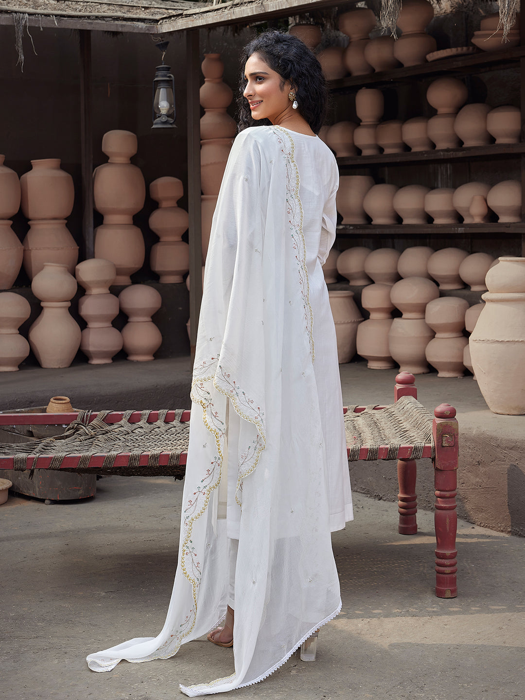 White Silk Blend Suit Set with Dupatta