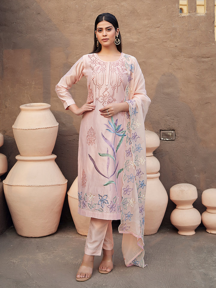 Soft Peach  Silk Blend Suit Set with Dupatta