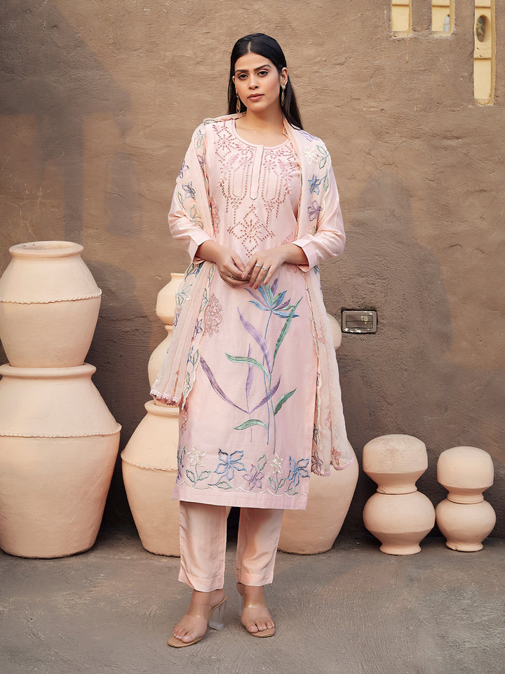 Soft Peach  Silk Blend Suit Set with Dupatta