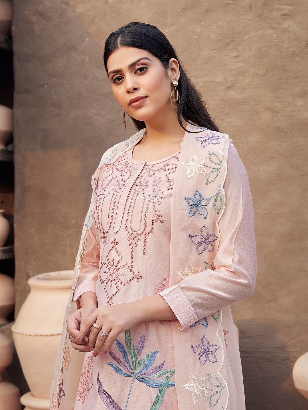 Soft Peach  Silk Blend Suit Set with Dupatta