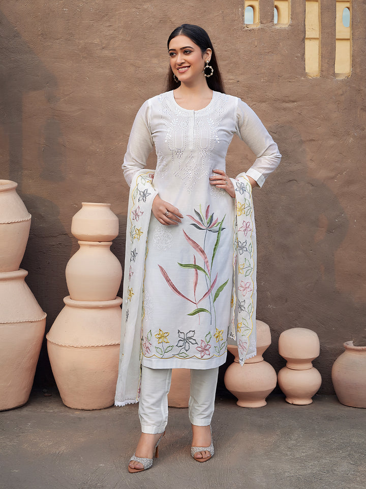 White Silk Blend Suit Set with Dupatta