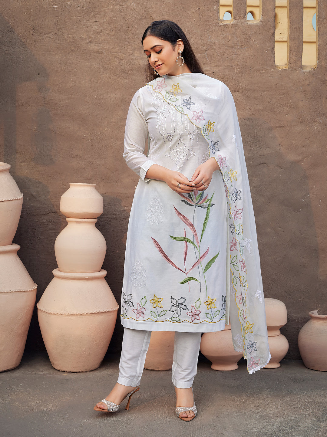 White Silk Blend Suit Set with Dupatta