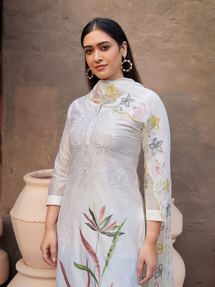 White Silk Blend Suit Set with Dupatta
