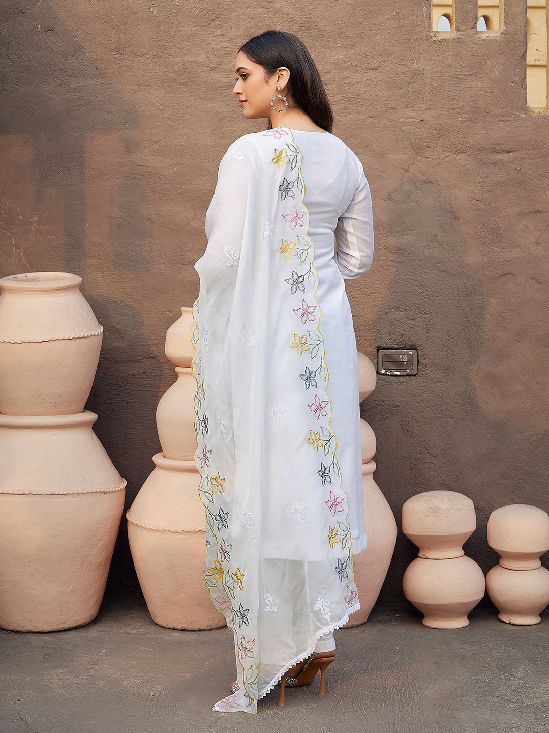 White Silk Blend Suit Set with Dupatta