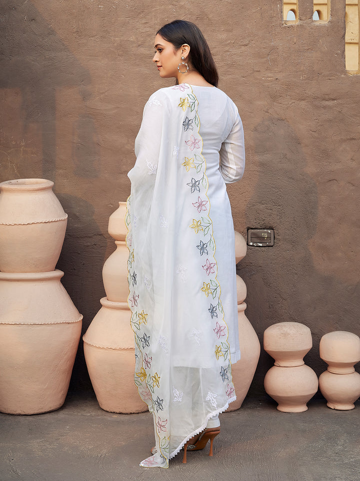 White Silk Blend Suit Set with Dupatta