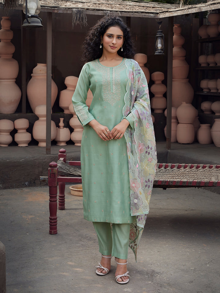 Sage Mint Silk Blend Suit Set with Dupatta